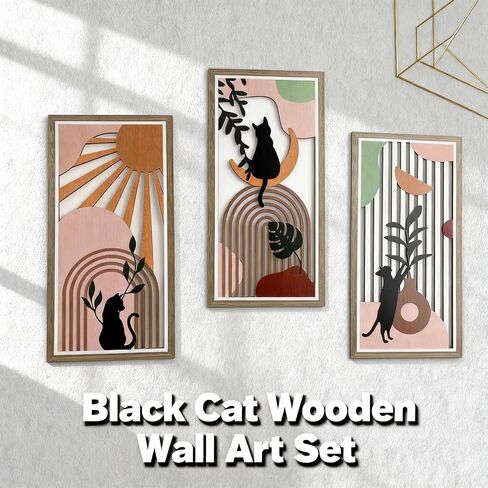 Boho Black Cat Wall Art for Living Room - 3Pcs Cat & Sun Wood Wall Decor, Minimalist Geometric Black Cat Design, Rustic Bohemian Hanging Art for Women, Homeowners, Renters, Bedroom, Bathroom, Office, Housewarming Gift for Cat Lovers in Saudi Arabia