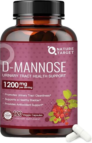 NATURE TARGET D-Mannose 1200mg - مكملات D Mannose للنساء مع التوت البري - تعزز صحة المسالك البولية ونظافة المثانة ودعم مضادات الأكسدة - غير معدلة وراثيًا وخالية من الغلوتين ونباتية - 120 كبسولة in Kuwait