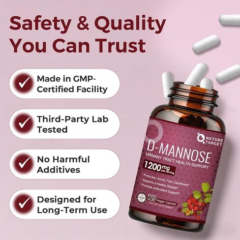 NATURE TARGET D-Mannose 1200mg - مكملات D Mannose للنساء مع التوت البري - تعزز صحة المسالك البولية ونظافة المثانة ودعم مضادات الأكسدة - غير معدلة وراثيًا وخالية من الغلوتين ونباتية - 120 كبسولة in Kuwait