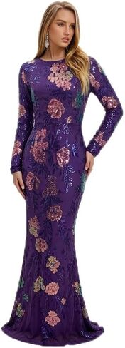 Long Sleeve Sequin Formal Dress Floral Sequin Evening Night Party Maxi Gown in Saudi Arabia