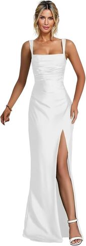 Prom Dress Silk Satin Lace-up Sleeveless Square Neck Pleated Corset Mermaid Bridesmaid Dresses with Slit in Saudi Arabia