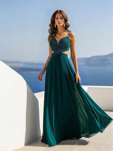 Women's Cutout Spaghetti Strap Chiffon Maxi Dress, Formal Emerald Green Evening Prom Gown for Wedding in Kuwait
