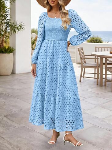 Womens Eyelet Hollow Out Maxi Dress Long Sleeve Square Neck Lace Floral Flowy A Line Spring Wedding Guest Dresses in Kuwait