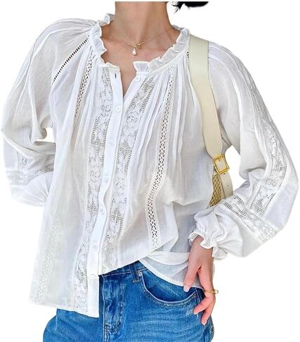 Women Long Sleeve Beach Blouse Shirt Rayon Spring Autumn Loose Splice Lace Blouses Shirts in Kuwait