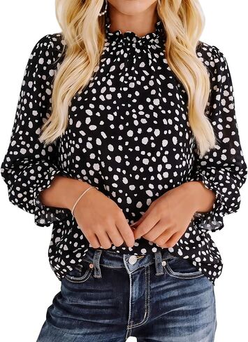 Women 3/4 Long Sleeve Blouses Polka Dot Mock Neck Ruffle Tops Loose Fit Dressy Casual Vacation 2026 Summer Shirts in Saudi Arabia