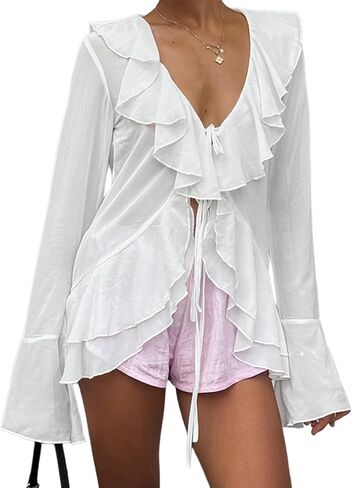 Women's Tie Front Ruffle Blouse Bohemian Bell Sleeve, V Neck Elegant Top Long Sleeve Shirt for Women in Saudi Arabia
