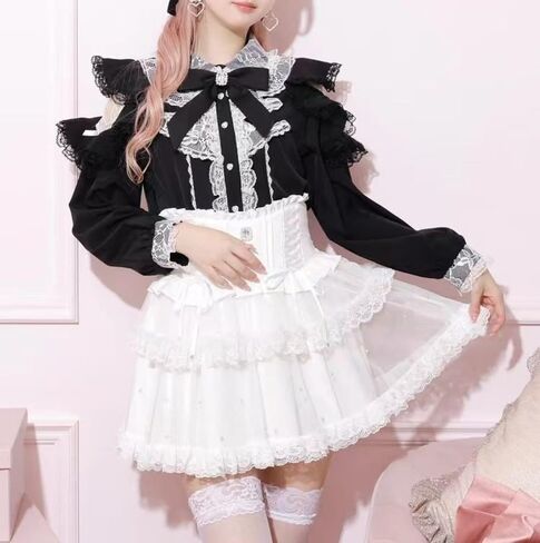 Pokn Jirai Kei Lolita Fashion Cutecore Clothes Kawaii Clothing Blouse Goth Shirt Women Lace Long Sleeve Blouse with Bow in Saudi Arabia