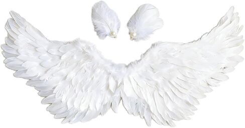 3PCS Medium White Angel Wings with Matching Swan Hair Clips Set Wearable Feather Costume Wings for Adult Women Romantic Cupid Costume Accessories for Valentines Day Cosplay Halloween Party in Saudi Arabia