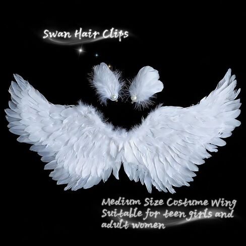 3PCS Medium White Angel Wings with Matching Swan Hair Clips Set Wearable Feather Costume Wings for Adult Women Romantic Cupid Costume Accessories for Valentines Day Cosplay Halloween Party in Saudi Arabia