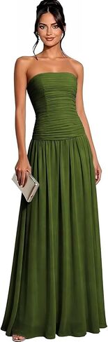 Women's Strapless Long Bridesmaid Dresses Chiffon A Line Pleated Formal Wedding Guest Dress in Saudi Arabia