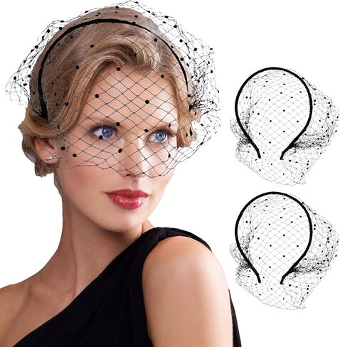 2Pcs Black Veil Headband,1920s Flapper Fascinator Mesh Veils Headband with Rhinestones,Black Birdcag-e Veil for Women's Bridal,Wedding,Tea Party & Funeral Occasions(Black,Size:14.5 * 12cm) in Saudi Arabia