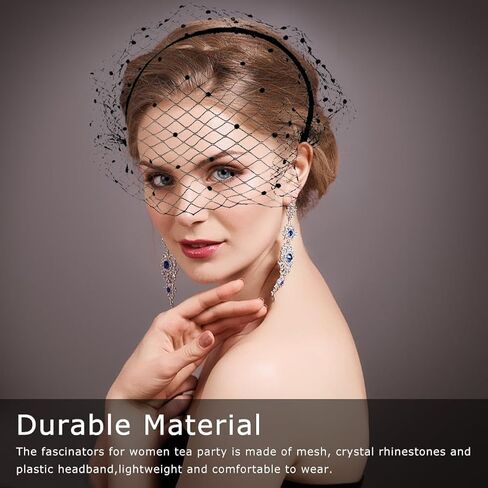 2Pcs Black Veil Headband,1920s Flapper Fascinator Mesh Veils Headband with Rhinestones,Black Birdcag-e Veil for Women's Bridal,Wedding,Tea Party & Funeral Occasions(Black,Size:14.5 * 12cm) in Saudi Arabia