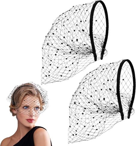 2Pcs Black Veil Headband,1920s Flapper Fascinator Mesh Veils Headband with Rhinestones,Black Birdcag-e Veil for Women's Bridal,Wedding,Tea Party & Funeral Occasions(Black,Size:14.5 * 12cm) in Saudi Arabia