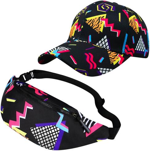 2 Pcs 80s 90s Retro Cap for Women Men Fanny Pack Baseball Hat Neon Costumes Waist Bag Sun Hat for Rave Travel Themed Party (Green) in Kuwait