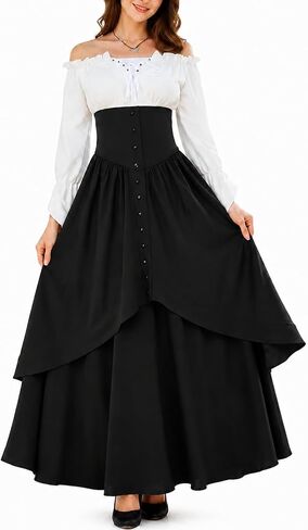 YEAXLUD Victorian-Era Inspired High-Waisted Button Skirt Ensemble Women's Renaissance Costumes in Saudi Arabia