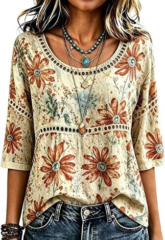 Women's Vintage Floral Print Hollow Out Top Round Neck Half Sleeve Casual Boho Blouse in Saudi Arabia