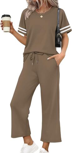 WIHOLL Two Piece Sets for Women Summer Outfits Lounge Sets Short Sleeve Tops Wide Leg Pants Vacation Travel Outfits in Kuwait