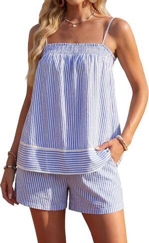 Blooming Jelly Women Two Piece Lounge Sets Striped Camisole Top Matching Shorts Set Summer Vacation Outfits with Pocket in Kuwait