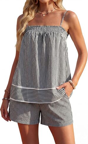 Blooming Jelly Women Two Piece Lounge Sets Striped Camisole Top Matching Shorts Set Summer Vacation Outfits with Pocket in Kuwait