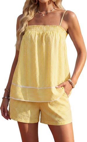 Blooming Jelly Women Two Piece Lounge Sets Striped Camisole Top Matching Shorts Set Summer Vacation Outfits with Pocket in Kuwait