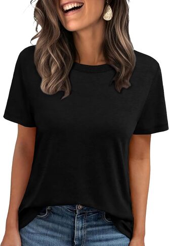 Jescakoo Womens Tops Summer Short Sleeve Ribbed Trim Crewneck T Shirts Spring Vacation Outfits Fashion Clothing Basic Tee in Saudi Arabia