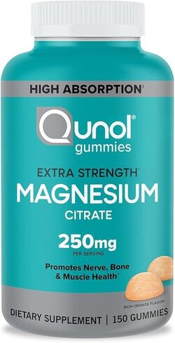 Qunol Magnesium Citrate Gummies for Adults, 250mg Magnesium Gummies Extra Strength 250mg, High Absorption Magnesium Supplement, Supports Nerve Health, Bone Health, Muscle Health, Vegetarian, 150 Count in Kuwait