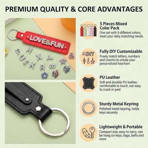 5 Pack Blank PU Leather Keychain with 8mm Belts DIY Slide Charm Letters Beads Key Rings for Women Men (5 Colors) in Saudi Arabia