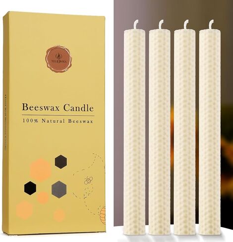 Pack of 4 Beeswax Taper Candles Hand Rolled - Dripless - Organic Natural Scent - 8 Inch in Off White in Saudi Arabia