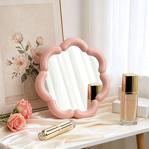 Flower Shaped Desk Mirror Cute Small Table Makeup Mirror Office Home Accessories for Standing Hanging 7.4'' D(Pink) in Saudi Arabia