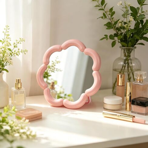 Flower Shaped Desk Mirror Cute Small Table Makeup Mirror Office Home Accessories for Standing Hanging 7.4'' D(Pink) in Saudi Arabia
