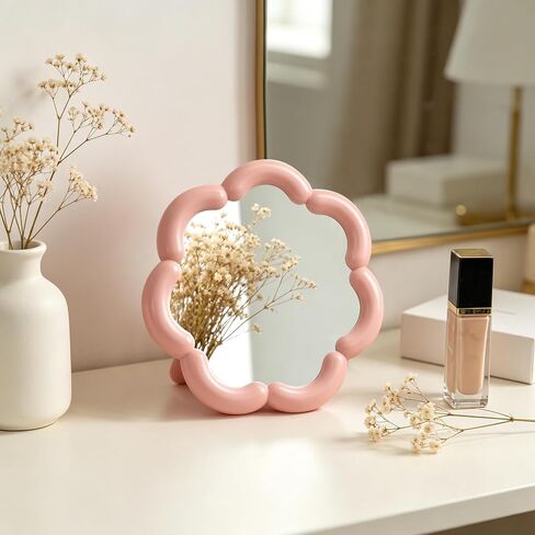 Flower Shaped Desk Mirror Cute Small Table Makeup Mirror Office Home Accessories for Standing Hanging 7.4'' D(Pink) in Saudi Arabia