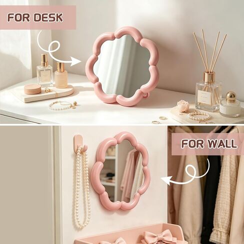 Flower Shaped Desk Mirror Cute Small Table Makeup Mirror Office Home Accessories for Standing Hanging 7.4'' D(Pink) in Saudi Arabia