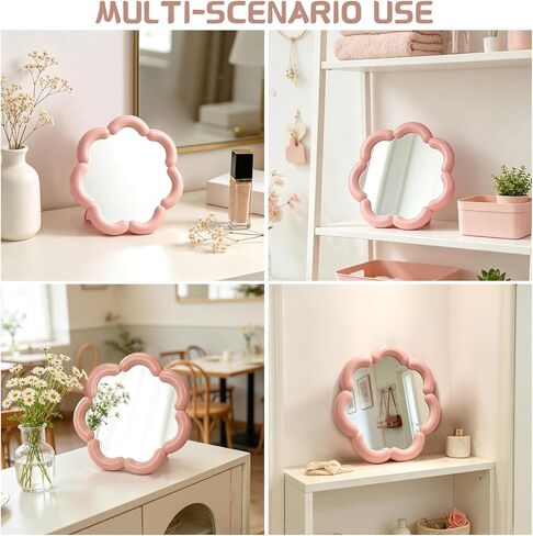 Flower Shaped Desk Mirror Cute Small Table Makeup Mirror Office Home Accessories for Standing Hanging 7.4'' D(Pink) in Saudi Arabia