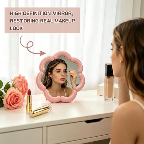Flower Shaped Desk Mirror Cute Small Table Makeup Mirror Office Home Accessories for Standing Hanging 7.4'' D(Pink) in Saudi Arabia
