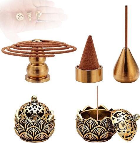 5 Pcs Cone Incense Holder Set, with Lotus Censer*2, Gourd, Water Drop, 9-Hole Base. Brass Incense Holder for Yoga, Home, Temple, Meditation (Vintage Style) in Saudi Arabia