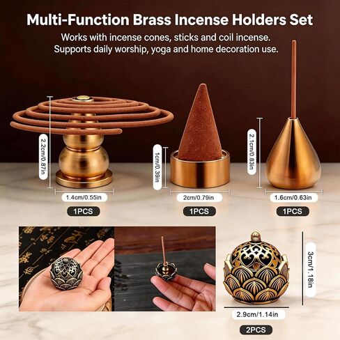 5 Pcs Cone Incense Holder Set, with Lotus Censer*2, Gourd, Water Drop, 9-Hole Base. Brass Incense Holder for Yoga, Home, Temple, Meditation (Vintage Style) in Saudi Arabia