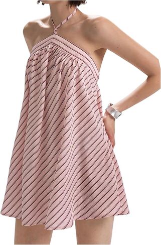 OYOANGLE Women's Striped Tie Backless Cami Halter Dress Sleeveless Flared A Line Short Going Out Dress in Saudi Arabia