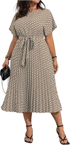 Floerns Women's Plus Size Summer Midi Dress Dolman Sleeve Pleated Work A Line Dresses in Kuwait