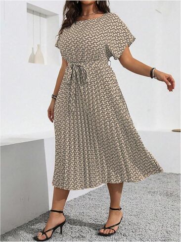 Floerns Women's Plus Size Summer Midi Dress Dolman Sleeve Pleated Work A Line Dresses in Kuwait