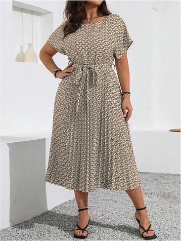 Floerns Women's Plus Size Summer Midi Dress Dolman Sleeve Pleated Work A Line Dresses in Kuwait