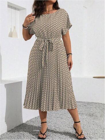 Floerns Women's Plus Size Summer Midi Dress Dolman Sleeve Pleated Work A Line Dresses in Kuwait