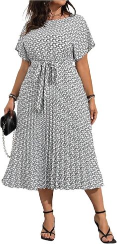 Floerns Women's Plus Size Summer Midi Dress Dolman Sleeve Pleated Work A Line Dresses in Saudi Arabia
