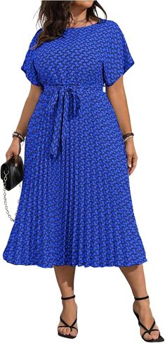Floerns Women's Plus Size Summer Midi Dress Dolman Sleeve Pleated Work A Line Dresses in Kuwait