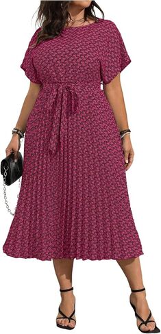 Floerns Women's Plus Size Summer Midi Dress Dolman Sleeve Pleated Work A Line Dresses in Kuwait