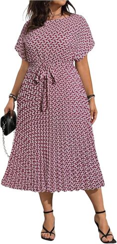 Floerns Women's Plus Size Summer Midi Dress Dolman Sleeve Pleated Work A Line Dresses in Kuwait