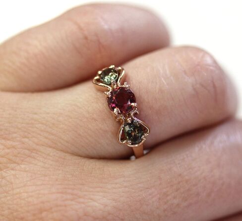 Jewelry by ARSA Solid 14k Rose Gold Ring for Women Set with Natural 0.5 ctw Color Change Alexandrites & 0.8 ct Pink Tourmaline - 3 Stone Anniversary Band 7 mm - Handcrafted in USA - June Birthstone in Kuwait