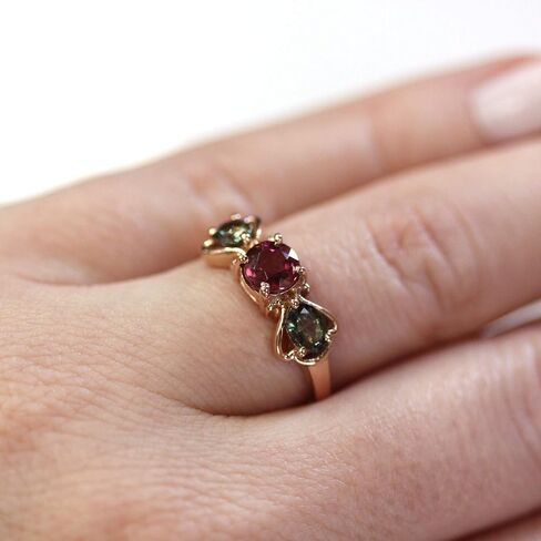 Jewelry by ARSA Solid 14k Rose Gold Ring for Women Set with Natural 0.5 ctw Color Change Alexandrites & 0.8 ct Pink Tourmaline - 3 Stone Anniversary Band 7 mm - Handcrafted in USA - June Birthstone in Kuwait
