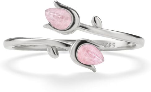 PERIMADE Rose Quartz Tulip Flower Stacking Ring for Women 18K Gold Plated Pink Floral Open Wrap Band, 925 Sterling Silver Adjustable Bypass Ring Birthday Friendship Gift Mother Best Friend in Saudi Arabia
