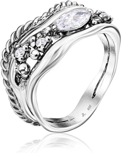 JEAN RACHEL JEWELRY 925 Sterling Silver Ring - Curved Rope with Marquise Cubic Zircona Vintage Design - Hypoallergenic, Lead & Nickel Free Jewelry - Artisan Handcrafted Statement Rings for Women in Saudi Arabia