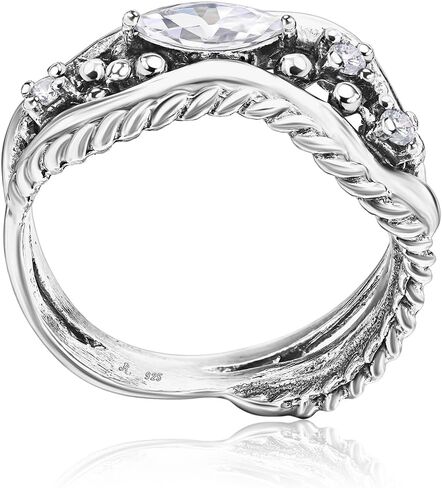 JEAN RACHEL JEWELRY 925 Sterling Silver Ring - Curved Rope with Marquise Cubic Zircona Vintage Design - Hypoallergenic, Lead & Nickel Free Jewelry - Artisan Handcrafted Statement Rings for Women in Saudi Arabia